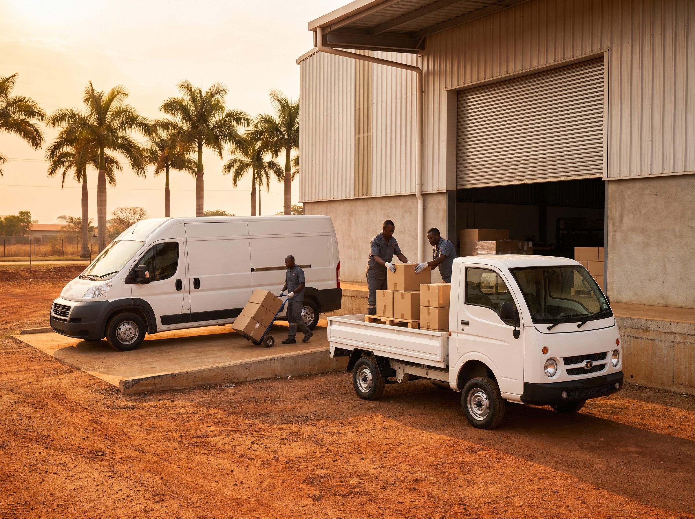 Planned delivery van and small delivery truck being loaded with cartons at a warehouse loading dock.