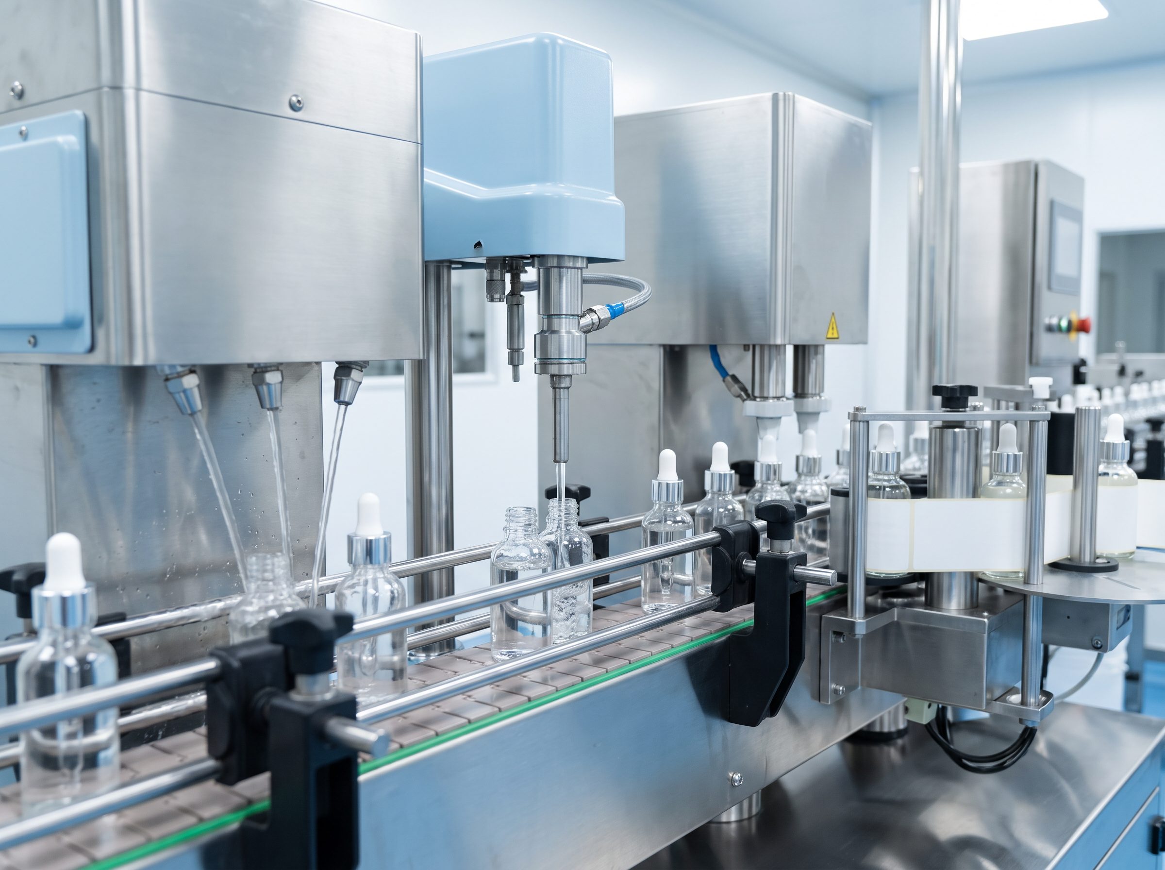 Planned automated small-bottle filling line showing rinsing, filling, dropper insertion, capping, and labeling stages.