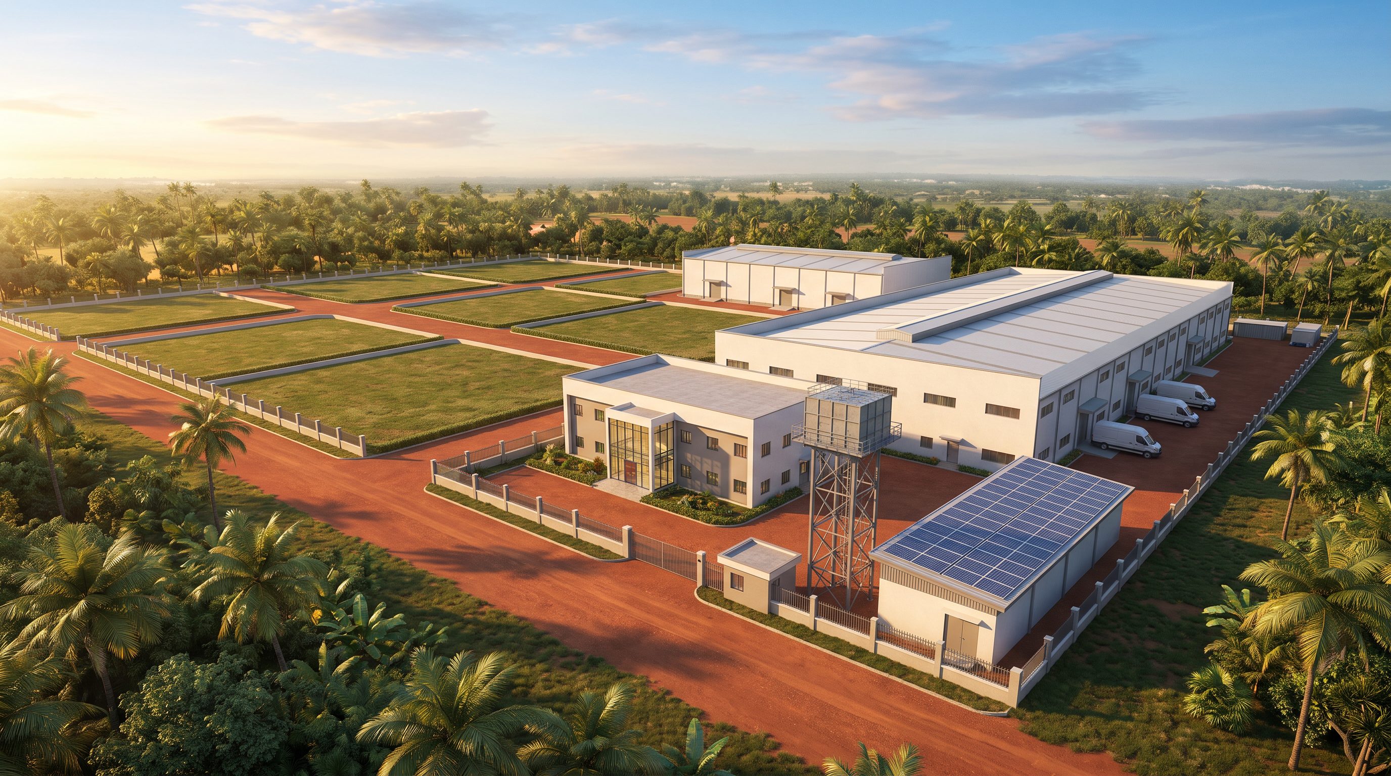 Aerial rendering of the planned six-plot WWS CUH2O manufacturing and distribution campus near Uyo, Nigeria, showing factory, warehouse, office building, water tower, solar array, and perimeter fencing on red laterite soil.