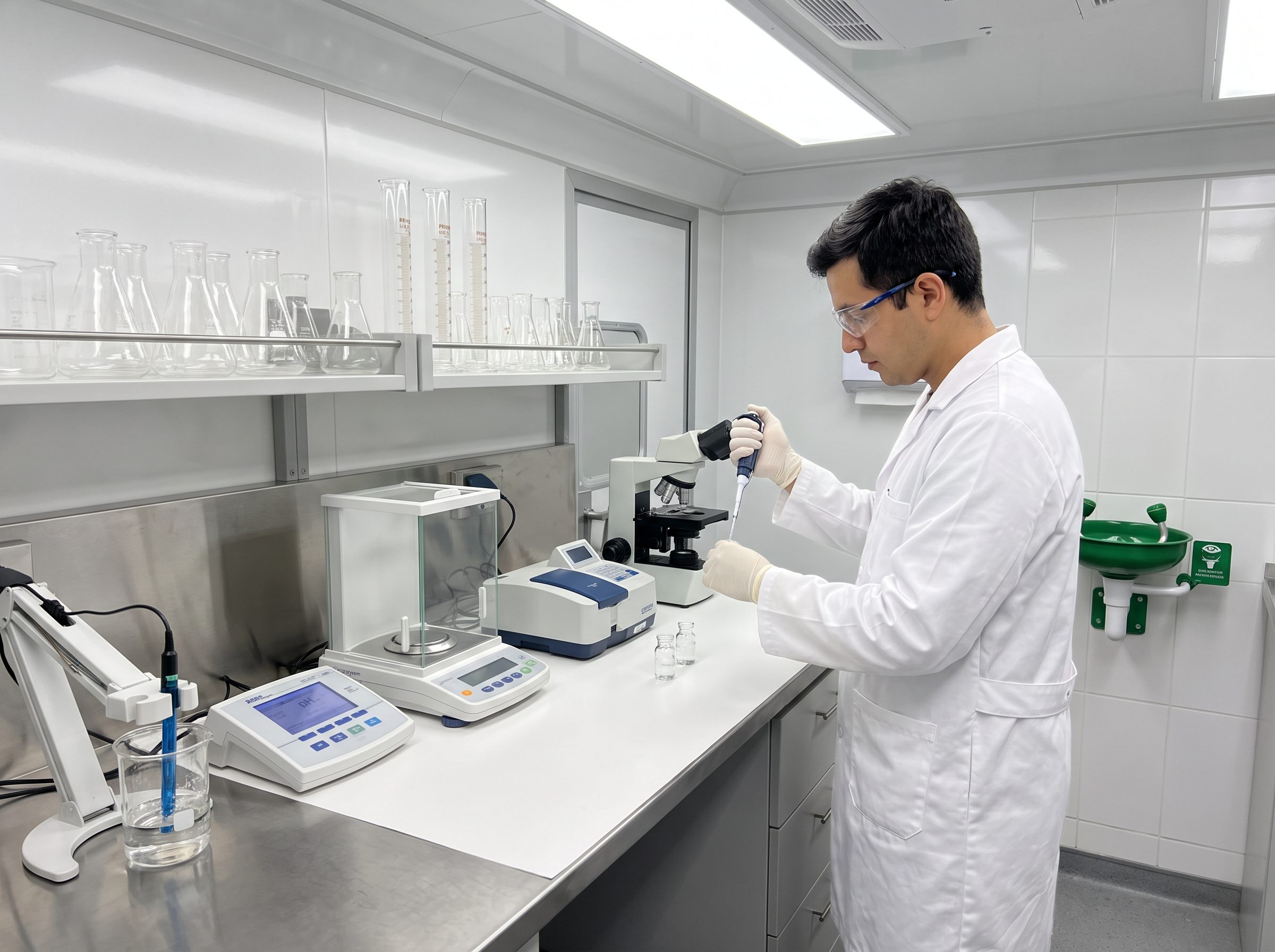 Planned quality-control laboratory with pH meter, TDS meter, balances, spectrophotometer, microscope, and glassware.
