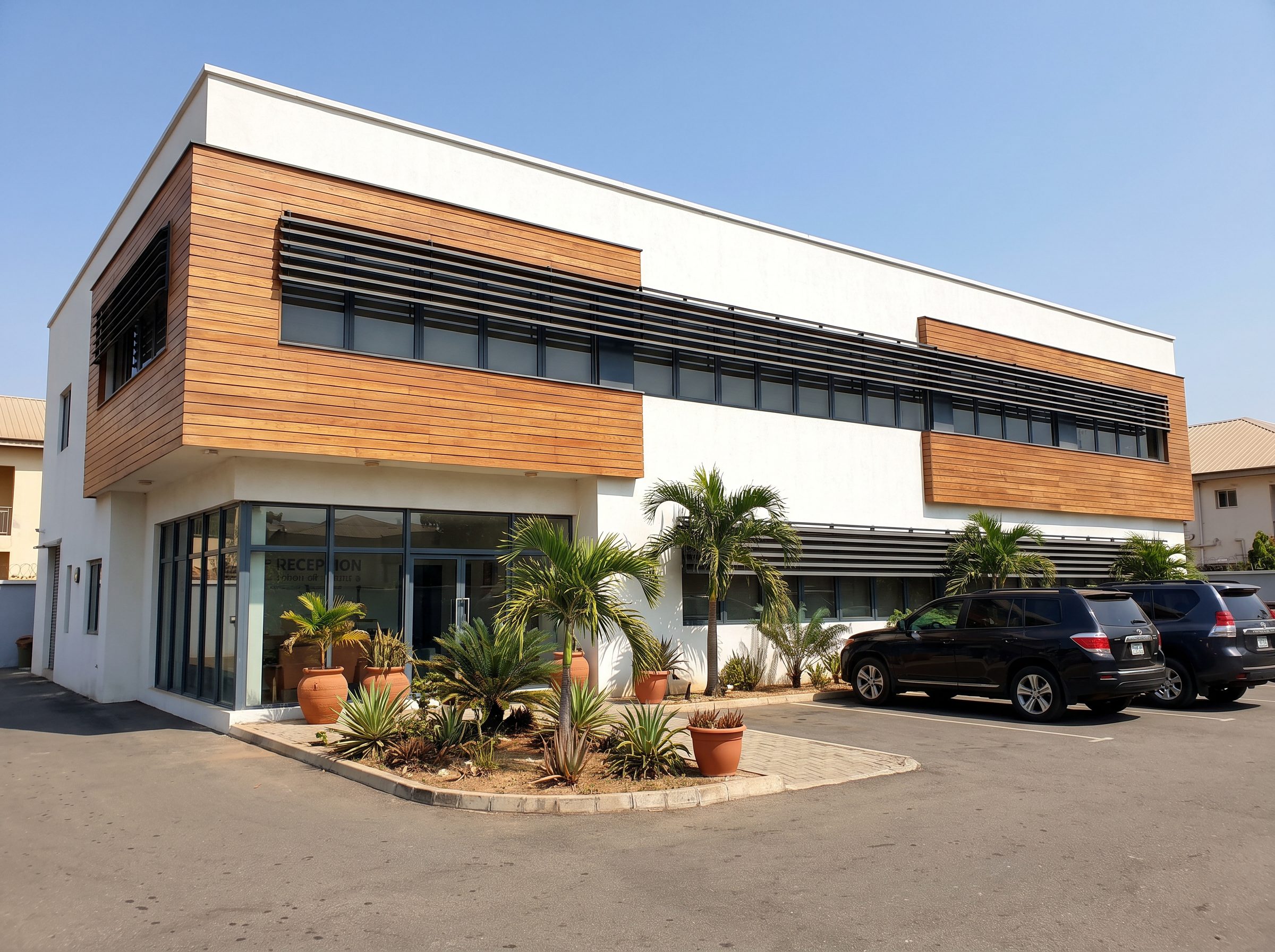 Planned two-storey office building with timber-accented facade, glass reception, and landscaped forecourt.