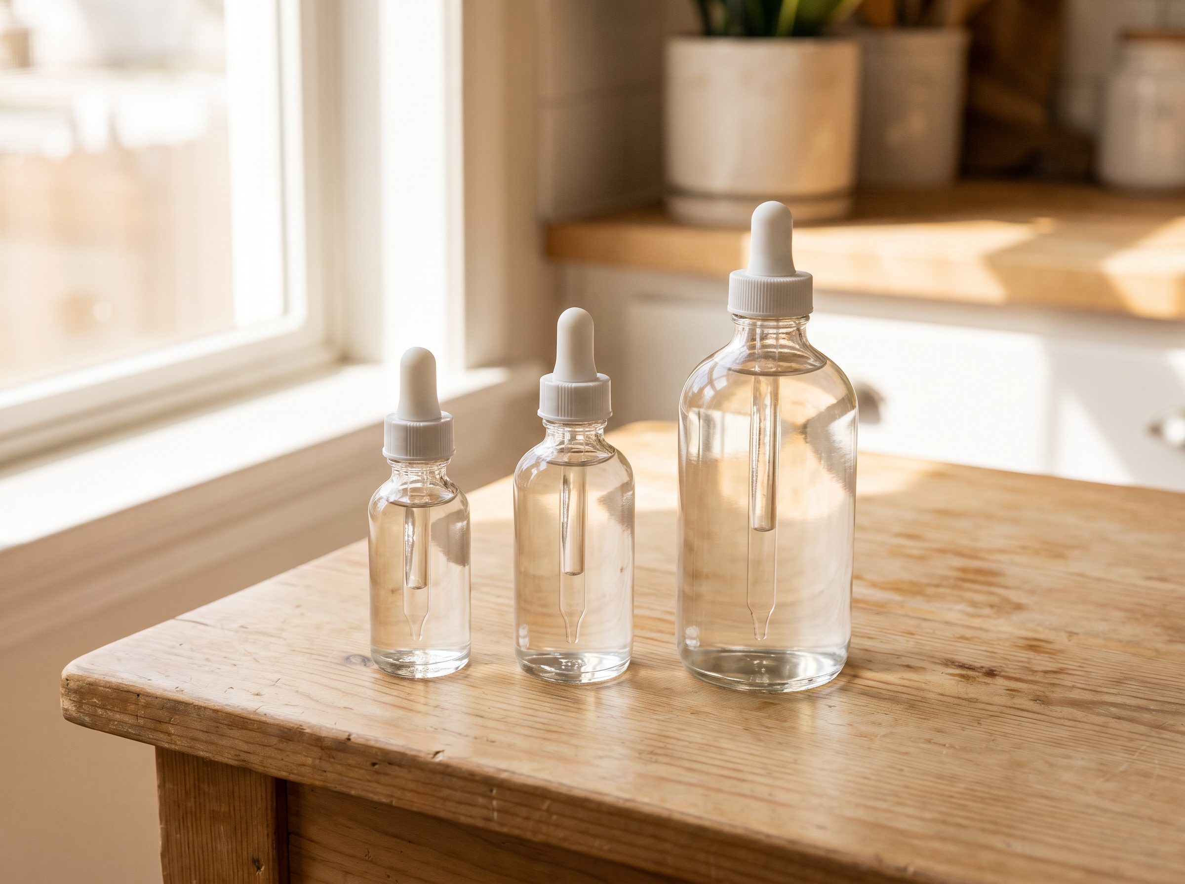 Three planned dropper bottle sizes — small, medium, and family — for affordable multi-tier packaging.