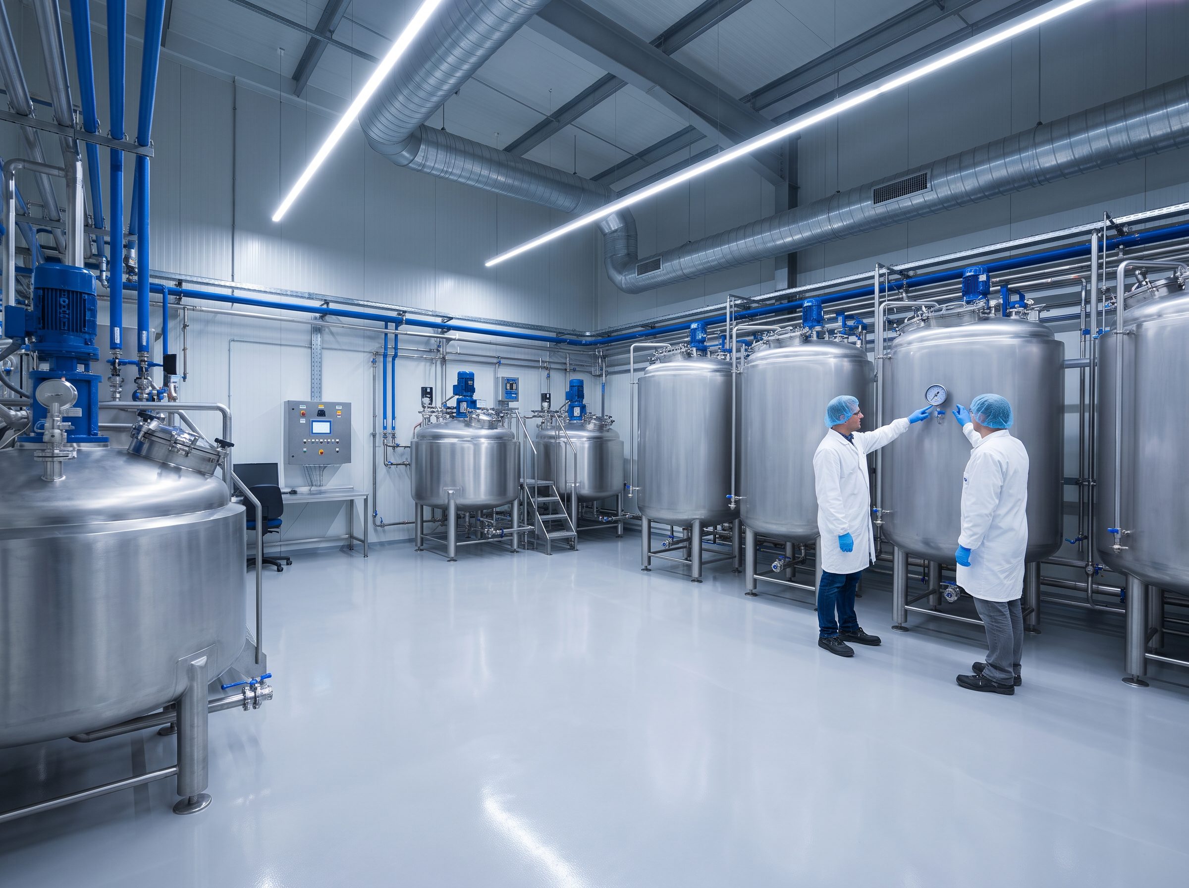 Planned CUH2O production and mixing room with stainless steel tanks and technicians monitoring gauges.