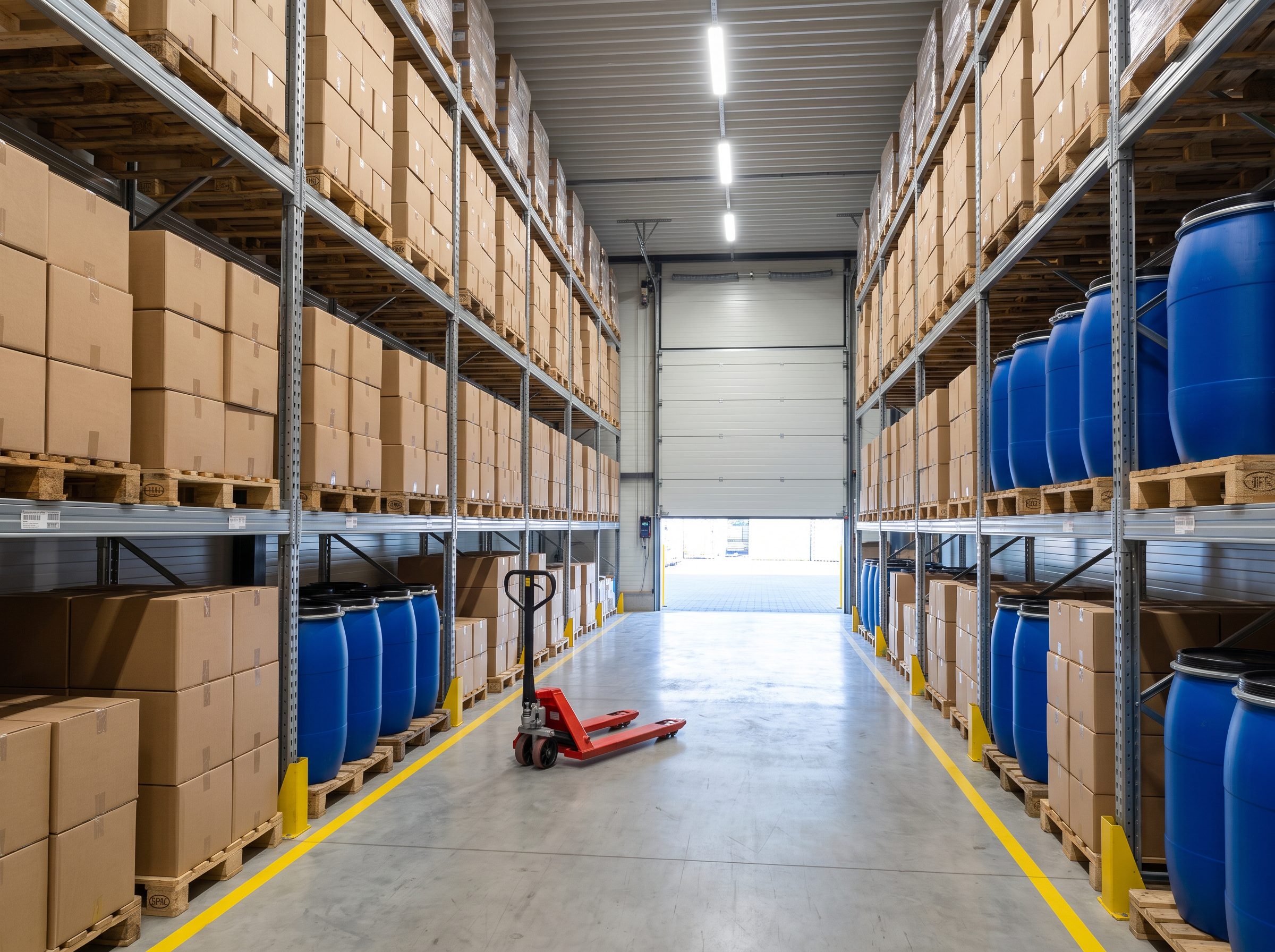 Planned raw-material and packaging warehouse with steel racking, storage drums, and a pallet truck.